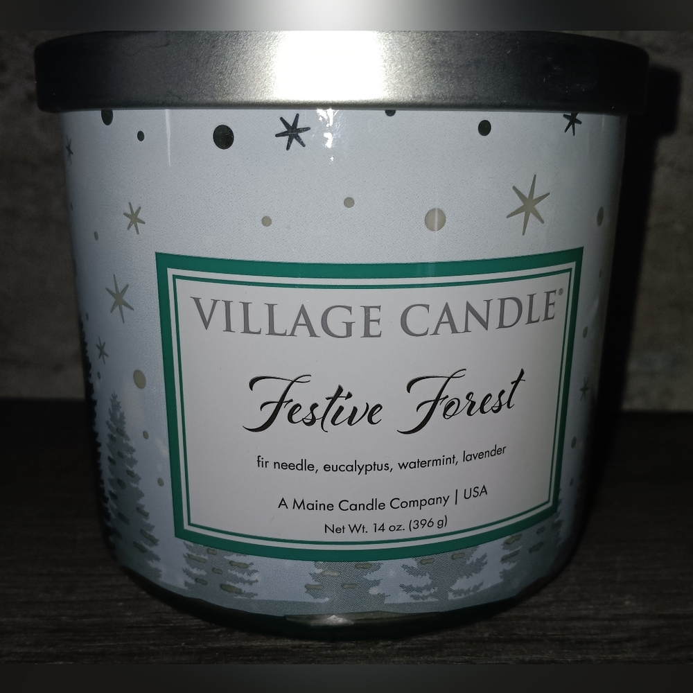 Village candle  FESTIVE FOREST 14oz. 3 Wick Candle  Fir Needles,Eucalyptus NEW!!